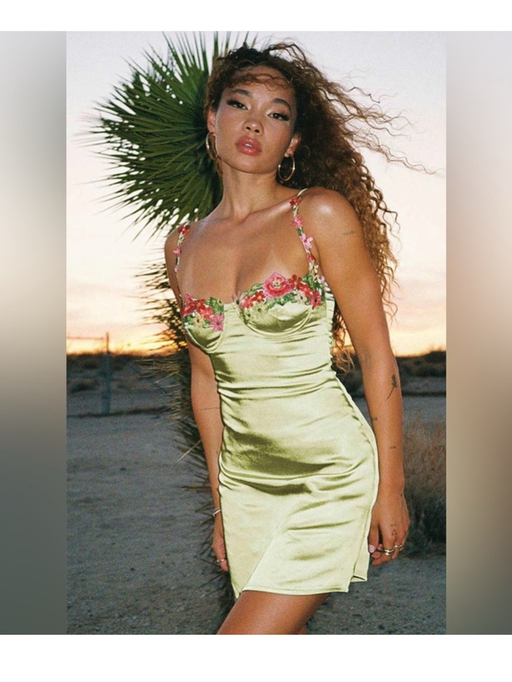 Princess Polly Lime Satin Mini Dress with Pink Floral Trim